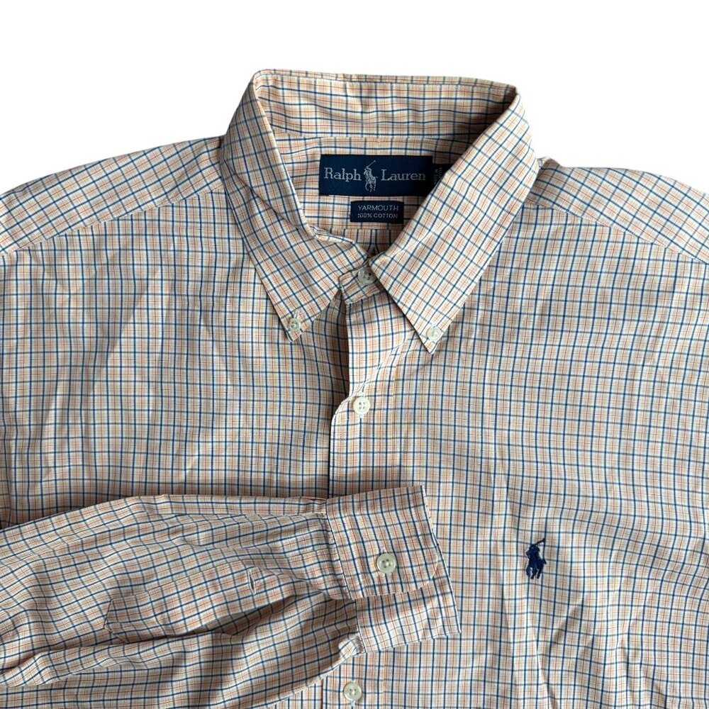 Ralph Lauren Yarmouth Mens 16 Orange Blue Plaid Button Up‎ Shirt Pony Preppy